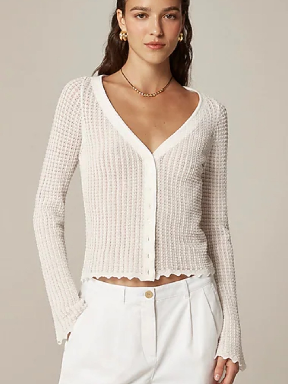 J. Crew Scallop Trim Pointelle Cardigan Top White Size Small